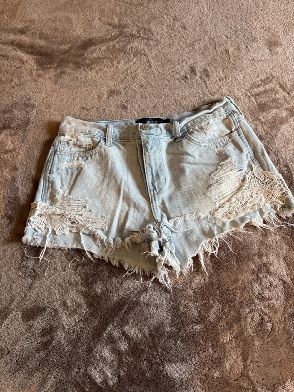 Hollister Faded Light Blue Denim Shorts with Crochet Accents
